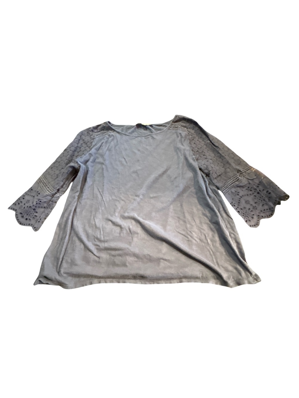 LOFT Blue Gray Romantic Eyelet Lace Knit Cottagecore Crochet Sleeve Blouse Top M